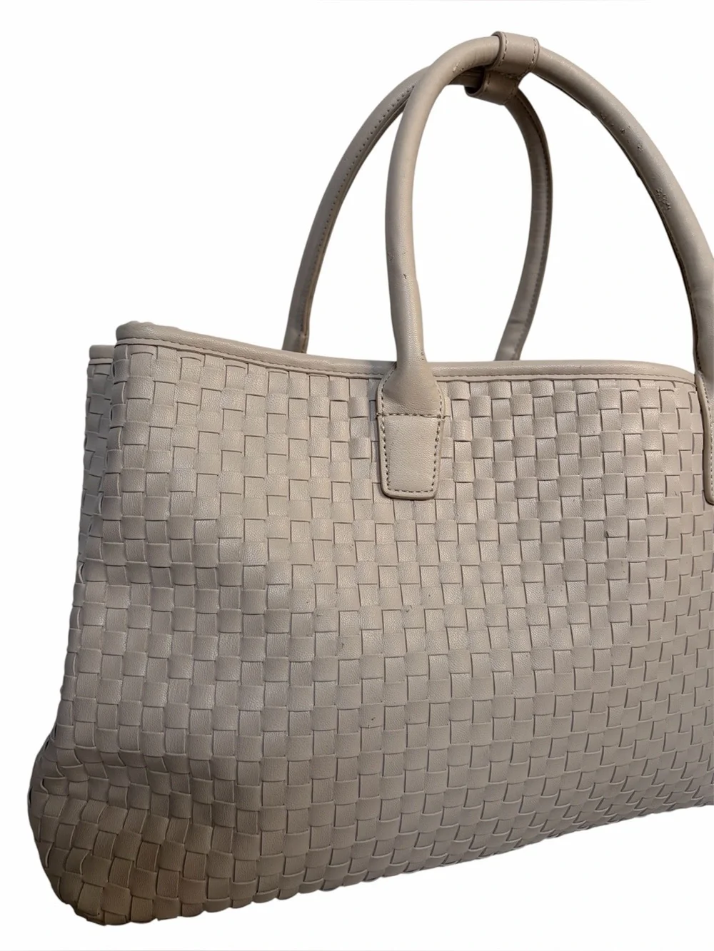 Lulu Dharma Cream Vegan Faux Leather Woven Texture Large Tote Shoulder Bag